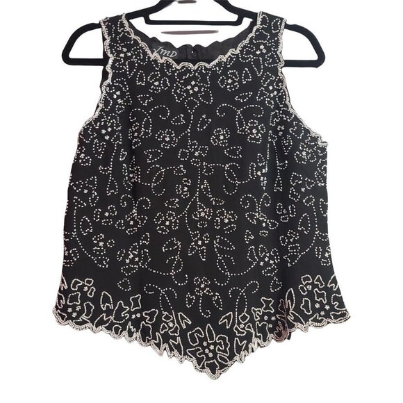 JMD Black with white beads floral tank top womans large - Picture 1 of 7